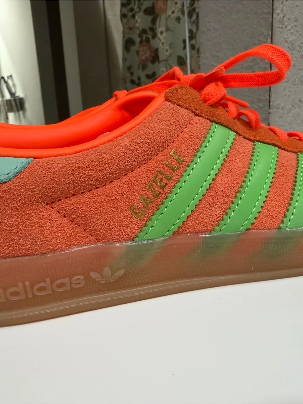 adidas Kids Bright Orange Suede Sneakers with Green Stripes